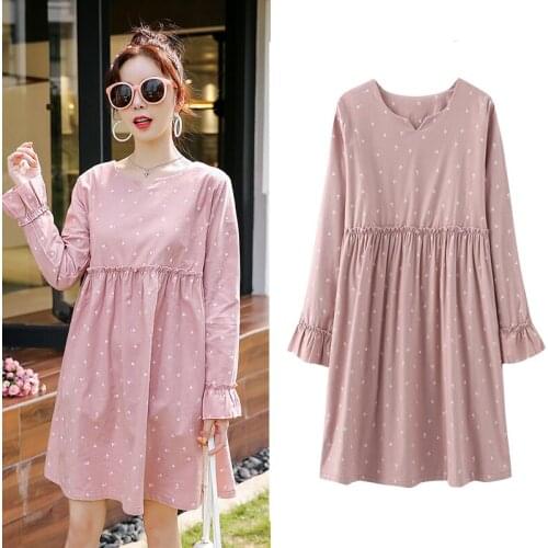 Spring Maternity Dress High Waist A-Line Clothes For Pregnant Women Long Sleeve Print Dress Large Mount Of Loose Pregnancy Dress