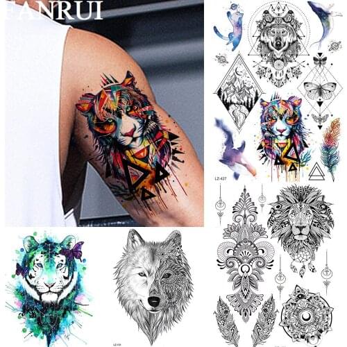 FANRUI Geometric Triangle Feather Temporary Tattoos For Women Men Sticker Wolf Tiger Totem Tatoos Body Art Wrsit Custom Tattoo