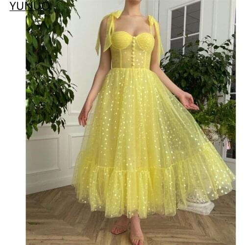 YUNUO Yellow Ruffle Tulle Midi Prom Dresses 2021 A-Line Sweetheart Printed Hearts Formal Party robes de cocktail Tea Length