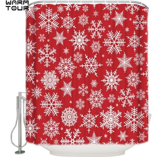 WARMTOUR Shower Curtain Christmas Snowflakes Red Happy New Year Extra Long Fabric Bath Shower Curtains Bathroom Decor with Hooks