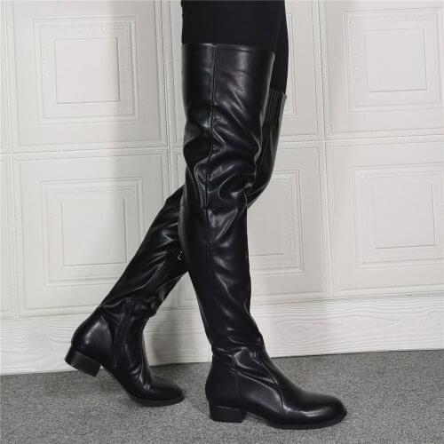 Women Thigh High Boots Black Leather Side Zip Low Block Heels Long Over Knee Shoes Botines Mujer Botas Big Size 13 14 15 F293
