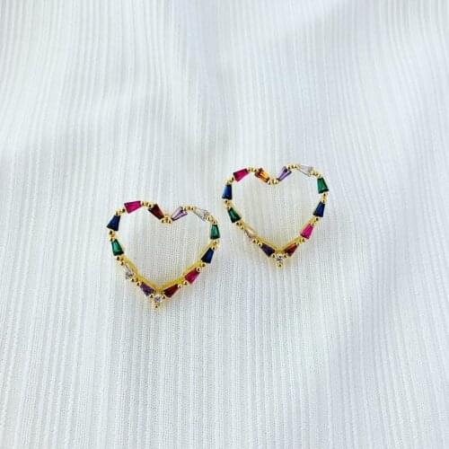 Hollow Heart Stud Earring For Girlfriend Valentines Gift Baguette Rainbow cz trendy women jewelry