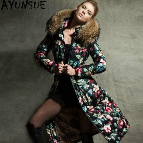 Womens Down Jacket Long Winter Coat Women Big Raccoon Fur Collar Floral Korean Thick Down Jackets 2020 Woman Coats RY176 KJ2757