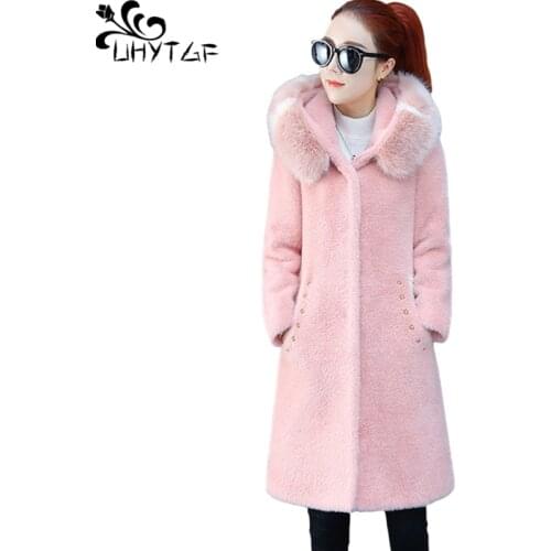 UHYTGF Quality Mink Fleece Winter Woolen Coat Women Fashion Embroidery Female Jacket Fur Collar Hooded Casual Warm Outerwear1393