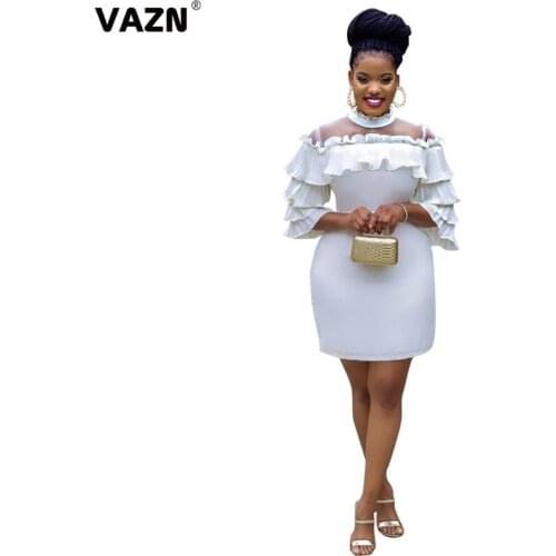 VAZN 2020 Autumn High Quality Upsurge Fresh White Young Sexy Sweet Turtleneck Half Sleeve High Waist Women Thin Mini Dress