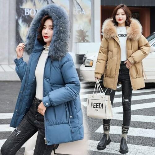 2021 Mid-length Winter Coat Women Hooded Down Parka Ladies New Warm Winter Jacket Women Loose Big Fur Collar Jacket Coat
