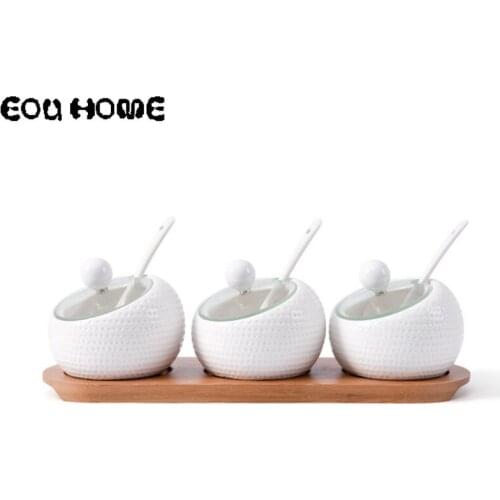 3Pce/Set White Creative Spice Jars with Lid and Spoon Household Seasoning Bottle Wooden Tray Salt Sugar Kitchen Seasoning Tools