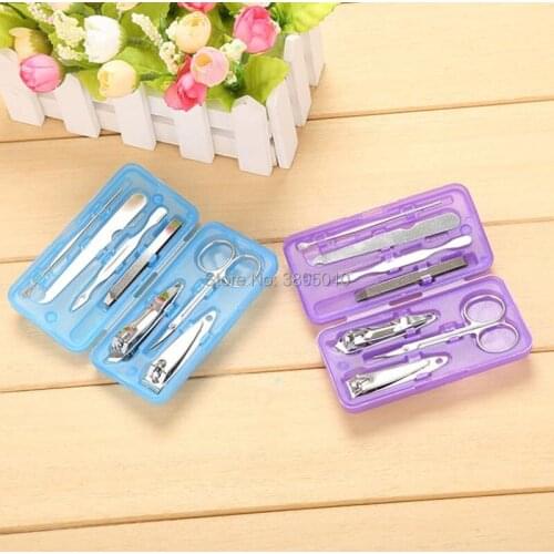 7pcs/set Nail Clippers Cleaner scissors Pedicure Manicure Stainless steel Set Cuticle Grooming Plastic Box F1115