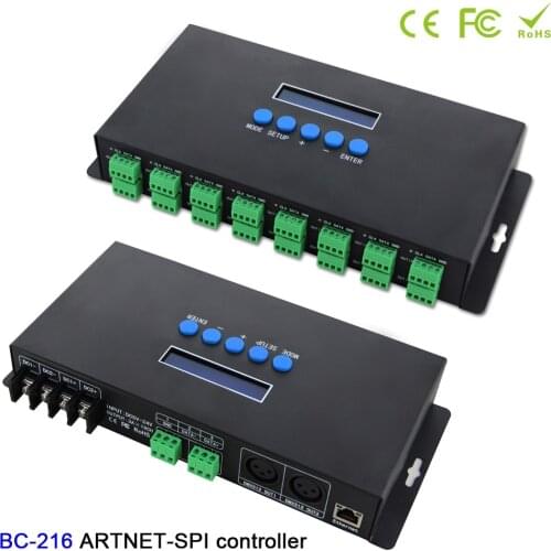 BC-216 16 channels Led Artnet Controller DC5V-24V Artnet to SPI /DMX pixel light LED controller+Two port(2*512 Channels)output