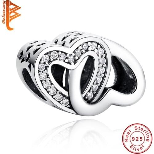 BELAWANG Fashion Crown love charms 925 Sterling Silver Pink&White Crystal Openwork Love Heart Beads fit Bracelet