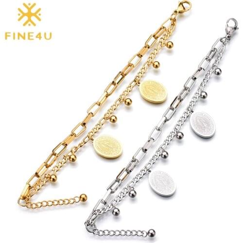 FINE4U B569 Stainless Steel Virgin Mary Medal Rosary Bracelet for Christian Jewelry Double Layered Link Chain Bracelet for Women