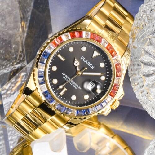 PLADEN Classic Men Luxury Brand Watch AAA Red Blue Diamond Bezel Waterproof Steel Date Golden Clock Timepiece for Male Jewellry