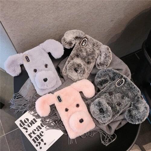 3D Fluffy Plush dog Phone Case For IPhone 11 Pro MAX X XR XS MAX 6 6S Plus 7 8Plus Soft Warm Fur Hairy Rhinestone Back Cover