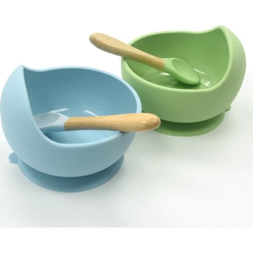 Baby Silicone Feeding Set Wooden Spoon Suction Bowl Baby Plate Kids Toddler Assist Tableware BPA Free High Quality Silicone