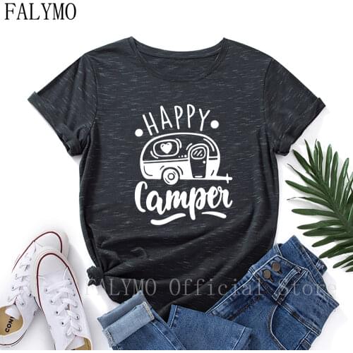 Happy Camper T-Shirt Camping Hiking Shirts Women Short Sleeve Cotton Summer Tops Graphic T-shirts Female Top Tee Shirt Clothes