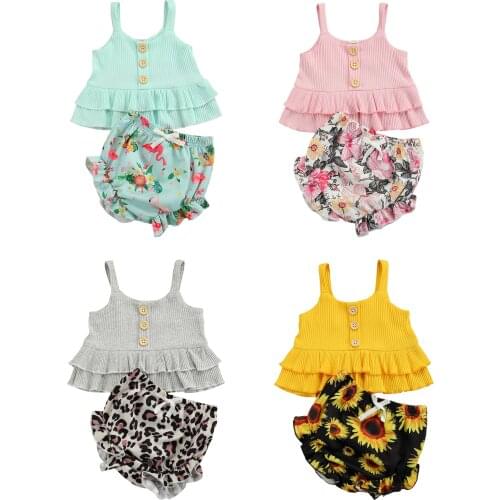 Citgeett Summer Kids Girls Clothes Sets 2pcs Solid Sleeveless Single Breasted Vest Flowers/Leopard Shorts Clothing