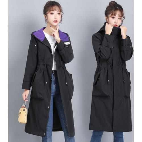 Korean Slim Windbreakers Womens 2021 Spring New Long Trench Coats Female Casual Hooded Overcoat Autumn Plus Size Loose Coats