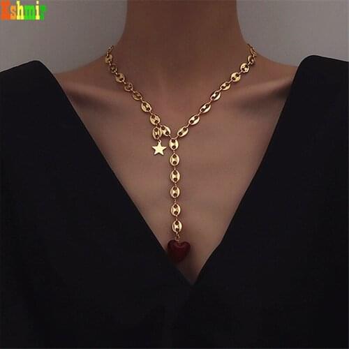 Kshmir Retro new metal golden red heart pendant necklace female tide collarbone sweater chain jewelry gifts wholesale 2021