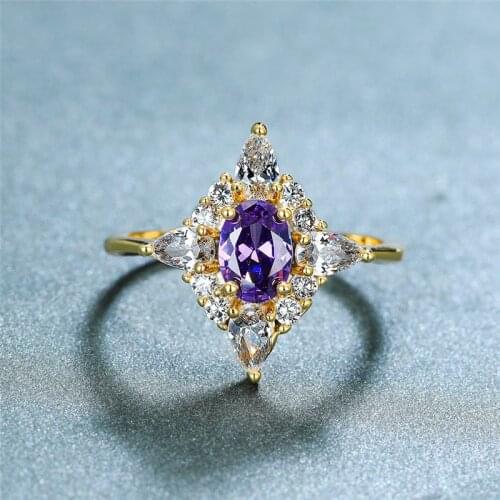 Cute Female Crystal Purple Oval Ring Vintage Yellow Gold Thin Wedding Rings For Women Promise Bridal Geometric Engagement Ring