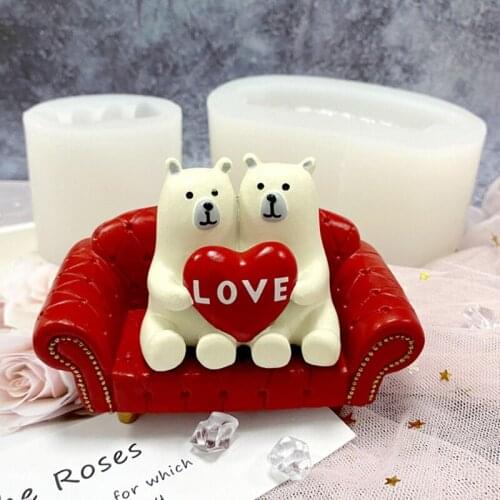 Cartoon Loving Couple Bear Sofa Shape Candle Epoxy Resin Mold Aromatherapy Plaster Silicone Mould DIY Crafts Ornaments Casting