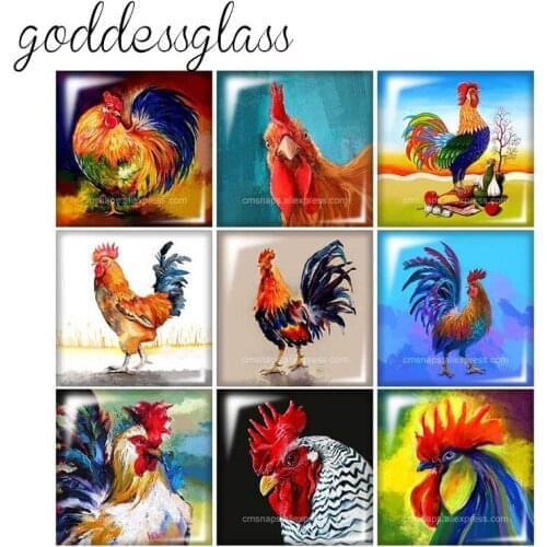 New Oil painting style cock Square 10pcs mixed 12mm/20mm/25mm/30mm photo glass cabochon flat back Making findings