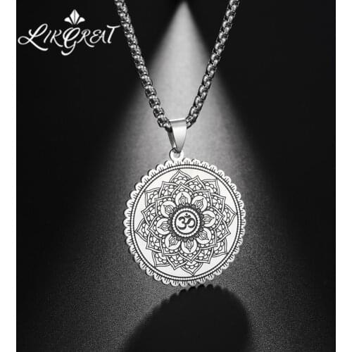 Om Indian Yoga Amulet Men Women Necklace Lotus Folower of Life Pendant Stainless Steel Chain Religious Talisman Vintage Jewelry