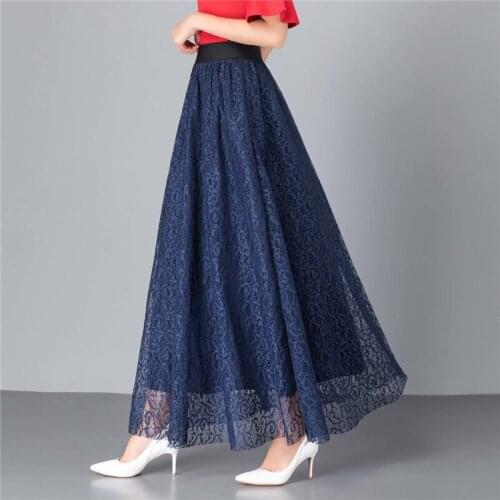 Elastic High Waist Lace Skirts Women Spring Summer Skirt 2021 Korean Elegant Casual A-line Black Blue Red Long Maxi Skirts W2362