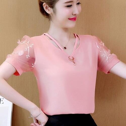 Chiffon Women Shirt Temperament Tops All-Match Style Casual Blouses Lace Slim Solid Color Fashion Blusas Short Sleeve DM0076