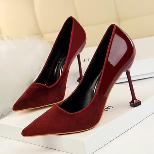 1716-17 thin heels high heels pointed head, sexy nightclub, patent leather, wool and color matching nude shoes