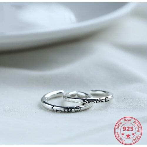Factory Price 100% 925 Silver Fashion Concise Delicate Smile Open Ring Fine Jewelry for Couples