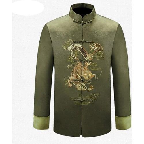 Green Jacket Chinese Traditional Outerwear Mens Embroider dragon Kung Fu Jackets Coats M L XL XXL 3XL MTJ201506