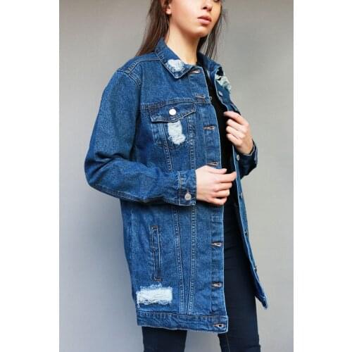 Jean Jacket Women Clothes Long Denim Coat 2021 New Ripped Washed Blue Jeans Turn-down Collar Outwear Casual