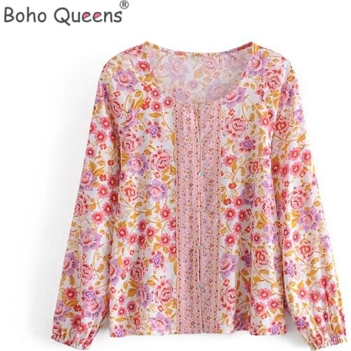 Boho Queens hippie women cotton beach floral print bohemian blouse shirt ladies long sleeve loose Boho shirts