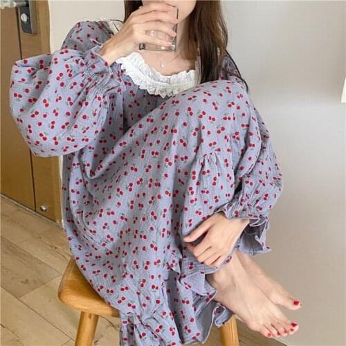 Femme Casual Elegant Lace Nightdress Cotton Gauze Nightgown Cherry Print Sleepshirts Autumn Ruffle Long Sleeve Sleep Dress