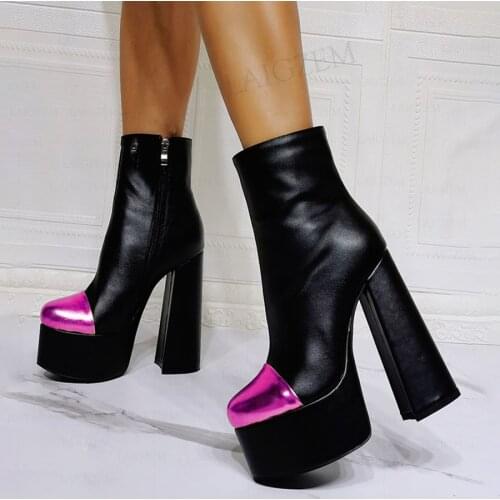 SEIIHEM SUPER Women Ankle Platform Boots Patchwork Side Zip Chunky High Heels Booties Female Shoes Woman Large Size 38 41 43 47