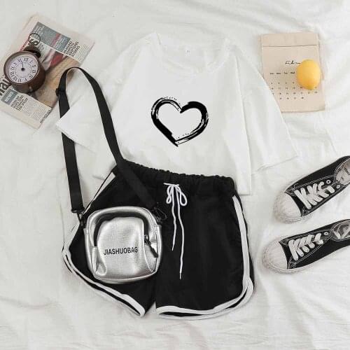 Stripe Short Set Two Piece Set Women Summer Heart Print Short Sleeve Top Casual Pants Tracksuit Women Outfits for Teens Girls