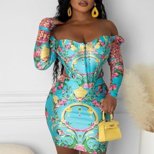 Women Casual Cold Shoulder Long Sleeves Asymmetrical Mini Sexy Bodycon All Over Print Skirt Sets