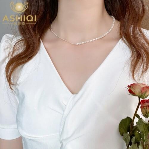 ASHIQI Natural Freshwater Pearl Necklace 925 Sterling Silver Chain Jewelry for Women Wedding Gift