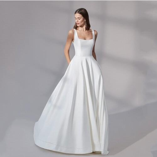 2021 Summer Woman Wedding Dress Marriage Square Collar Thick Straps Simple And Cheap Backless Rustic White Bridal Gown