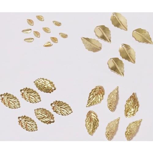 Gold color plated carved spacer float drop Metal Leaf Beads top hole Charms for making jewelry accessories 7-18mm 50 pcs