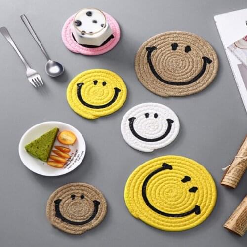 1PC Hand-woven Cotton Rope Bowl Pad Simple Coaster Smiley Face Pattern Table Mat Anti-scalding Cute Drink Cup Disc Pot Placemat