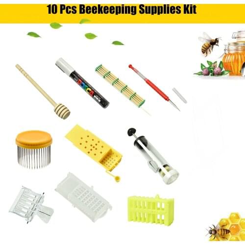 10PCS Beekeeping Supplies Kit Beekeeping Queen Cage Catcher Clip Bee Marking Pen Grafting Needle Honey Splash Bar