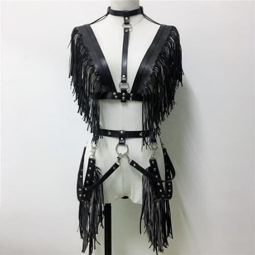 2019 Top Design Body Bondage Garter Set Long Tassel Bra Harness Pentagram Rivet Garters Belts Performance Sexy Lady Matching Set