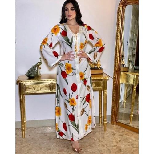 Arabic Dresses Muslim Abaya Print Floral Hijab Dress Party Maxi Vestidos Cardigan Kimono Long Robe Gowns Eid Ramadan Islamic