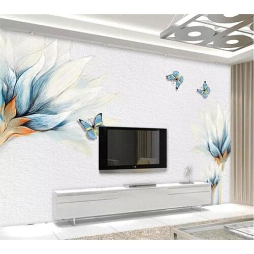 Beibehang Custom wallpaper 3d mural blue hand-painted flower flowers butterfly TV background wall living room bedroom wallpaper