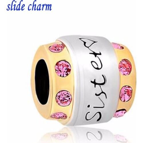 Slide charm Free shipping Valentines Day gift fashion pink crystal oval sisters color charm beads fit Pandora bracelet