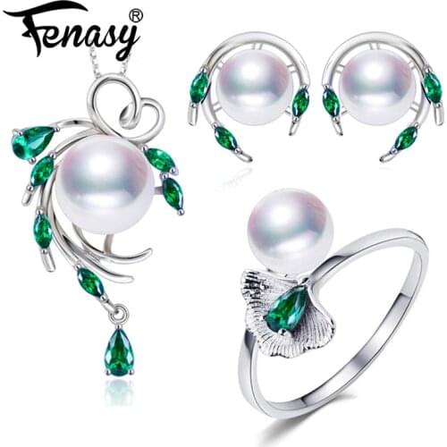 FENASY 925 Sterling Silver Emerald Natural Pearl Jewelry Sets Bohemian Pendant Necklace Women Green Stones Stud Earrings Ring