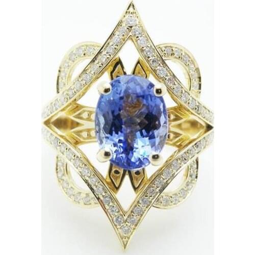 Hot Sale New Fashion Rhombus Golden Crystal Inlaid Blue Zircon Hollow Engagement Ring For Women Party Jewelry Hand Accessories