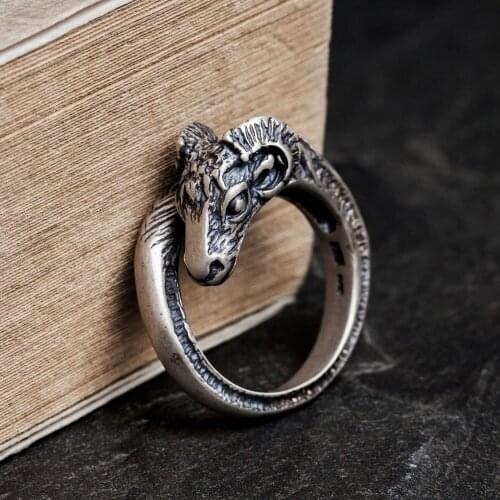 Fashion Punk Style Adjustable 100% 925 Sterling Silver Animal Ring Antique Silver Goat Sheep Head Rock Rings Mens Jewelry