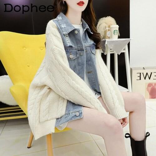 Fashion Denim Patchwork Knitting Sweater Oversized Cardigan Women 2021 New Autumn Thickened Sweater Coat Baggy Casual Jacket Top